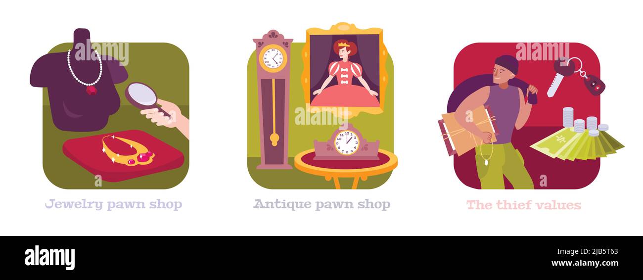 Pawnshop concetto 3 composizioni piatte con orologi antichi opere d'arte pittura pedina gioielleria negozio pawnbroker ladro illustrazione vettoriale Illustrazione Vettoriale