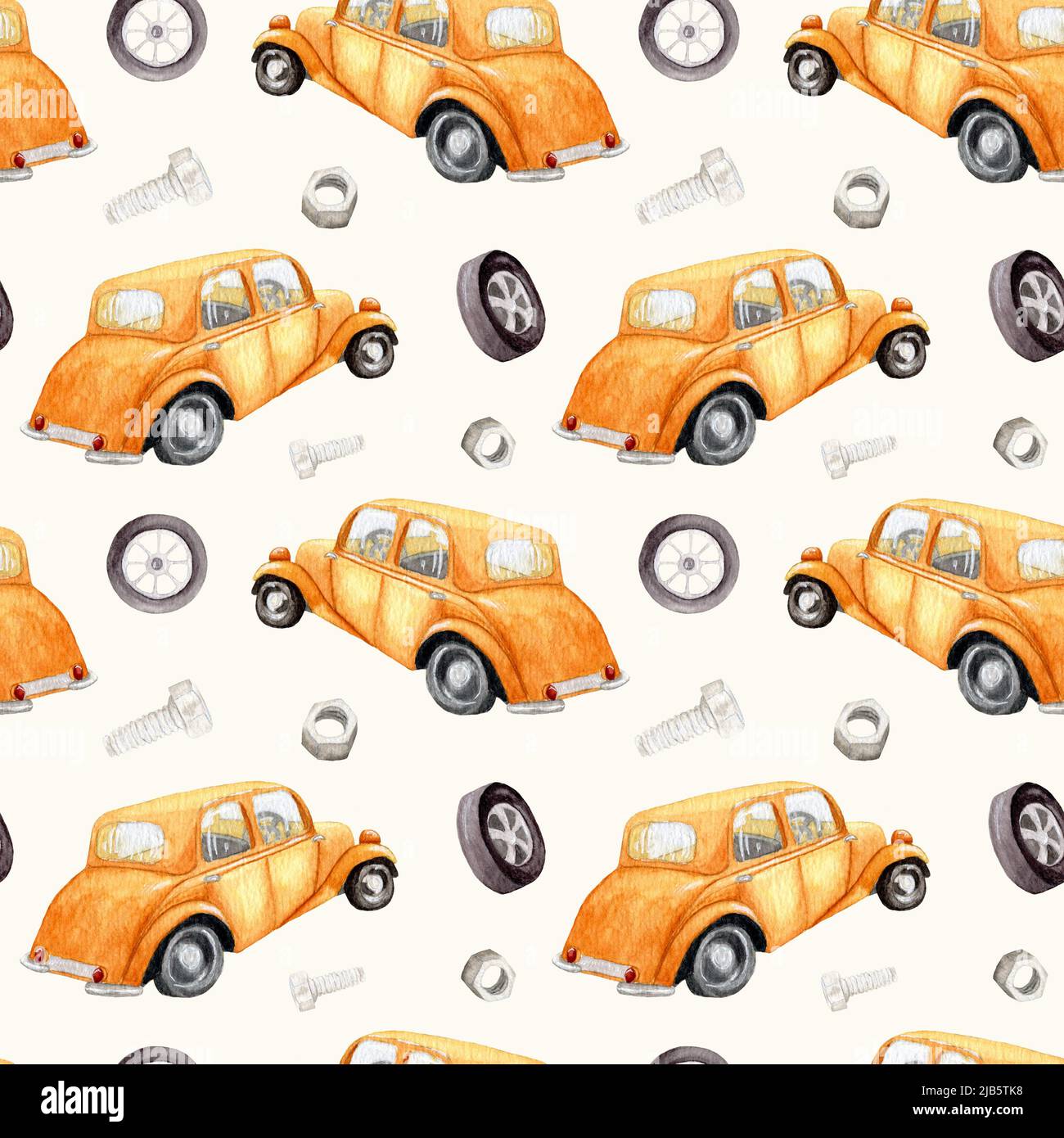 Acquerello auto retrò. Modello senza cuciture per bambini con macchine diverse. Modello di auto retrò dipinto a mano. Trasporto retrò. Auto marrone. Foto Stock