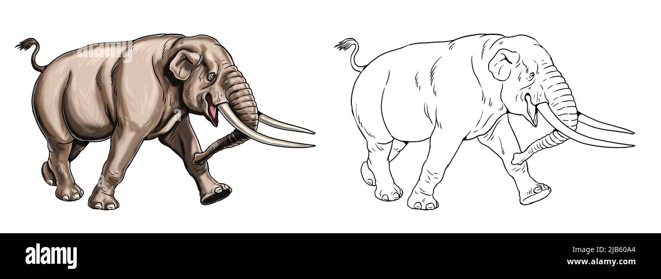 Animali preistorici. Illustrazione con elefante estinto - Mastodon. Disegno silhouette per libro da colorare. Foto Stock