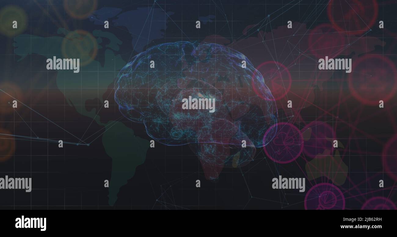 Immagine del cervello rotante con connessioni sulla mappa del mondo e dati diversi Foto Stock
