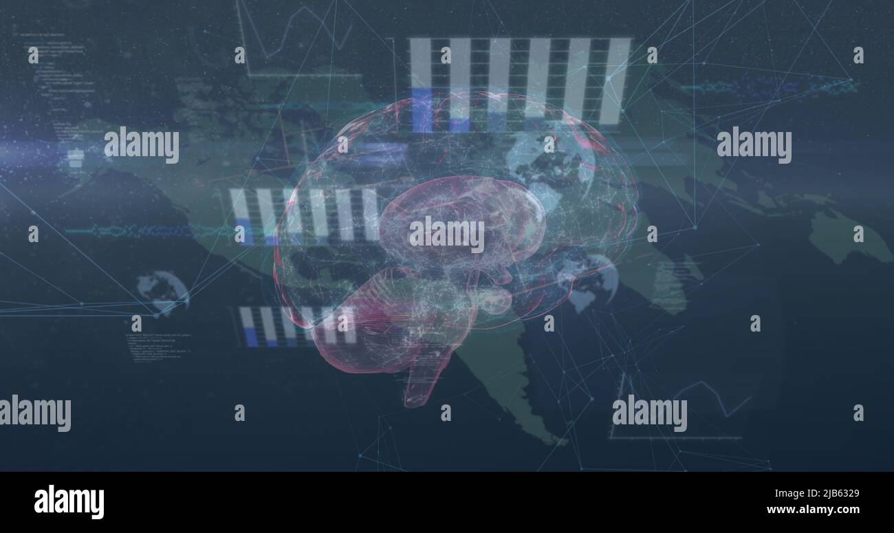 Immagine di icone, dati e rotazione del cervello sulla mappa del mondo Foto Stock