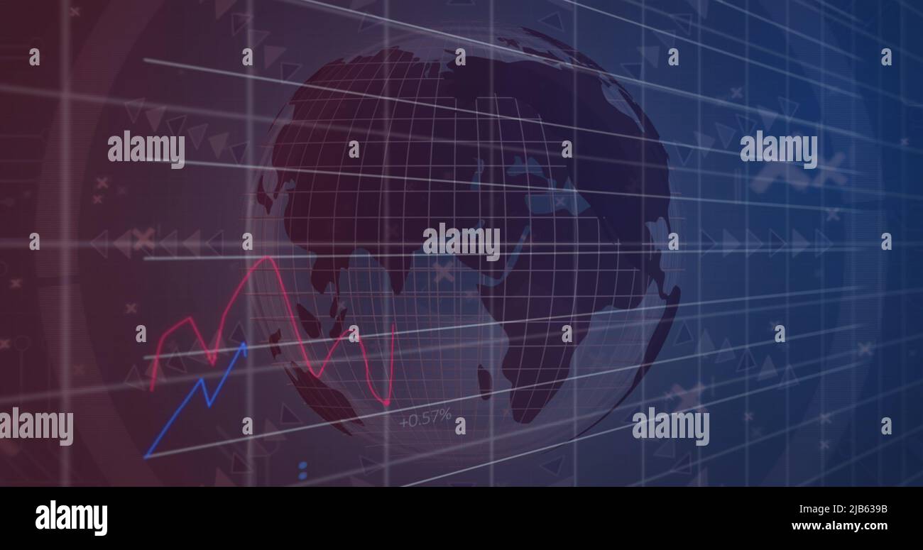 Immagine di dati finanziari e grafici su un globo rotante Foto Stock
