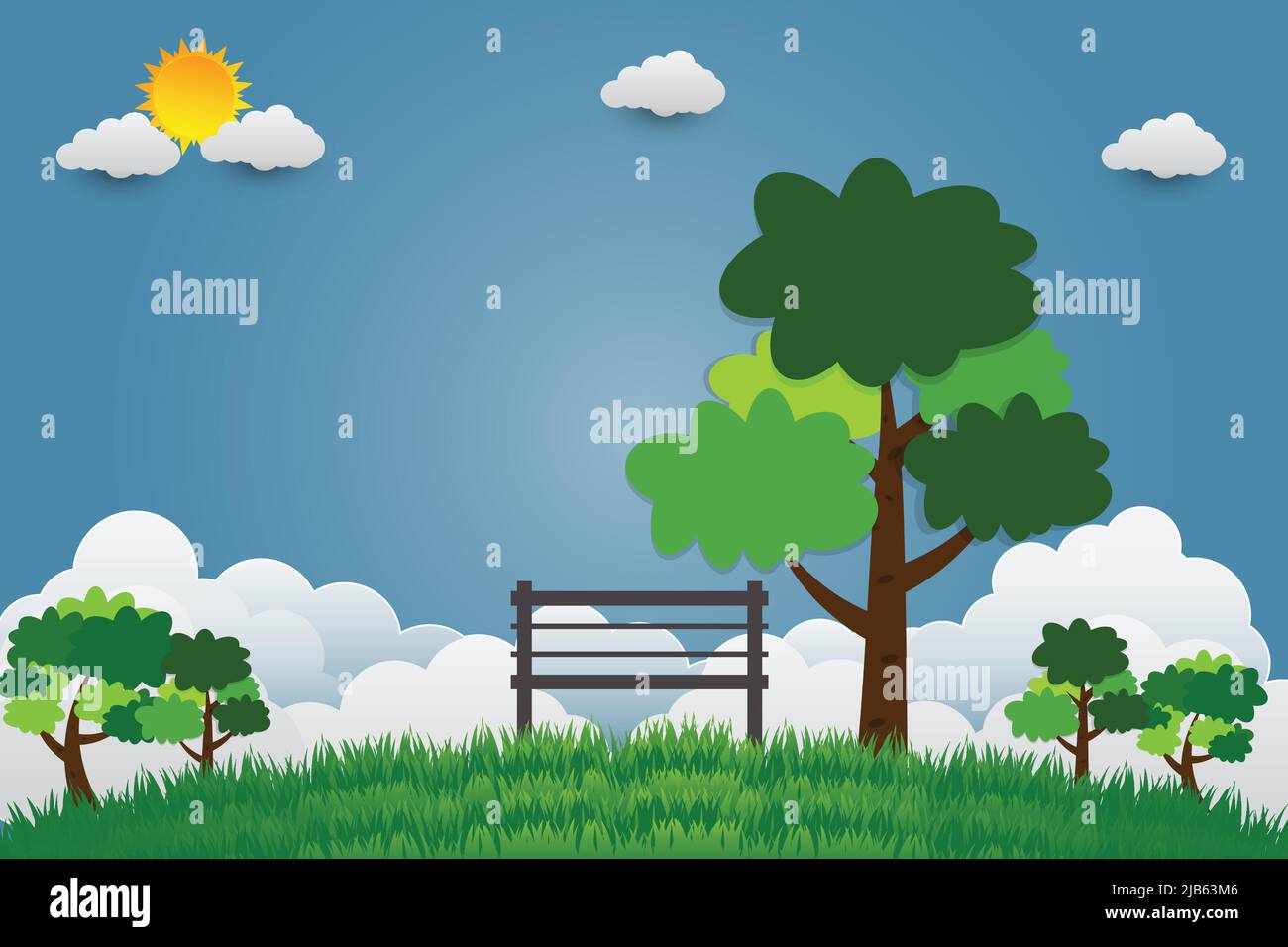 Sedia con albero al parco pubblico su un cielo luminoso, illustrazione Vector Illustrazione Vettoriale