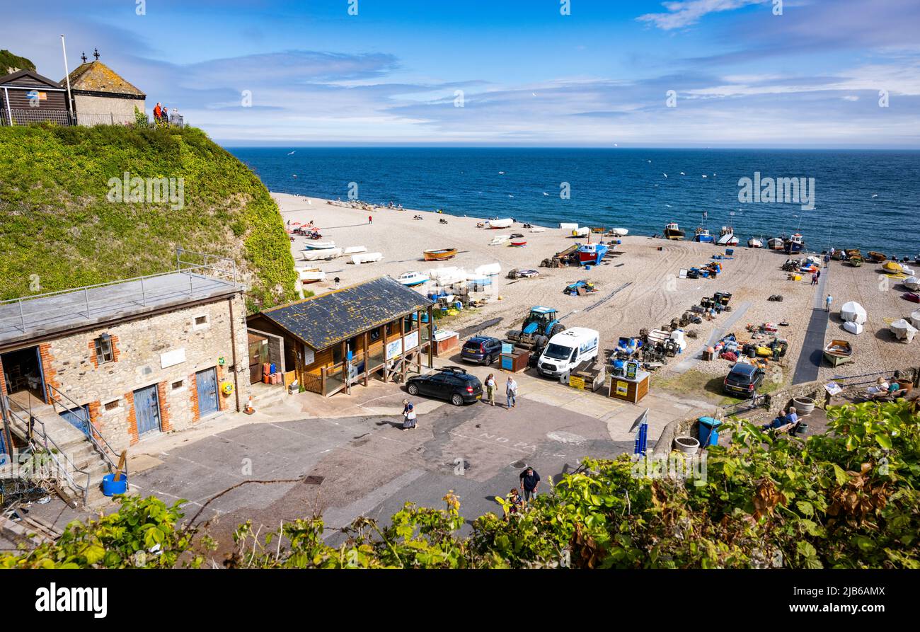 La spiaggia di Beer, Devon, Regno Unito, visto dal giardino dell'Anchor Inn. Foto Stock