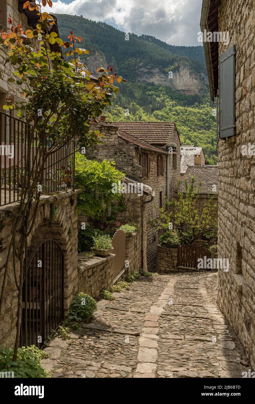 Edifici storici nel comune di Sainte-Enimie, Gorges du Tarn Causses, Occitania, Francia Foto Stock