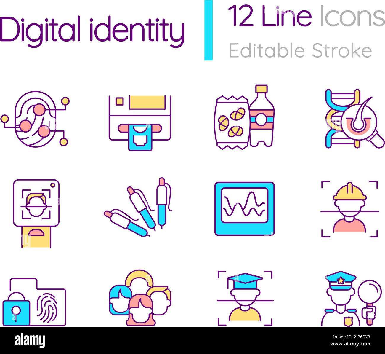 Identità digitale icone colore RGB impostate Illustrazione Vettoriale