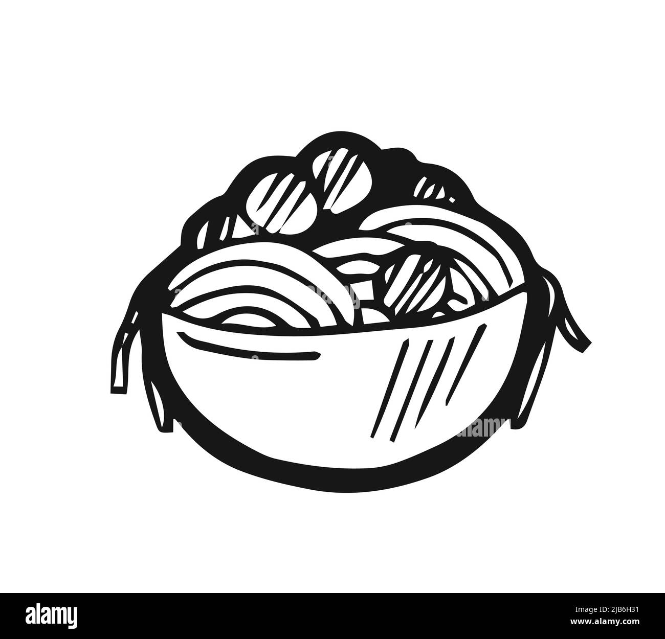 Piatto di spaghetti con palle di carne. Disegno a mano del contorno. Isolato su sfondo bianco. Disegno monocromatico. Vettore Illustrazione Vettoriale