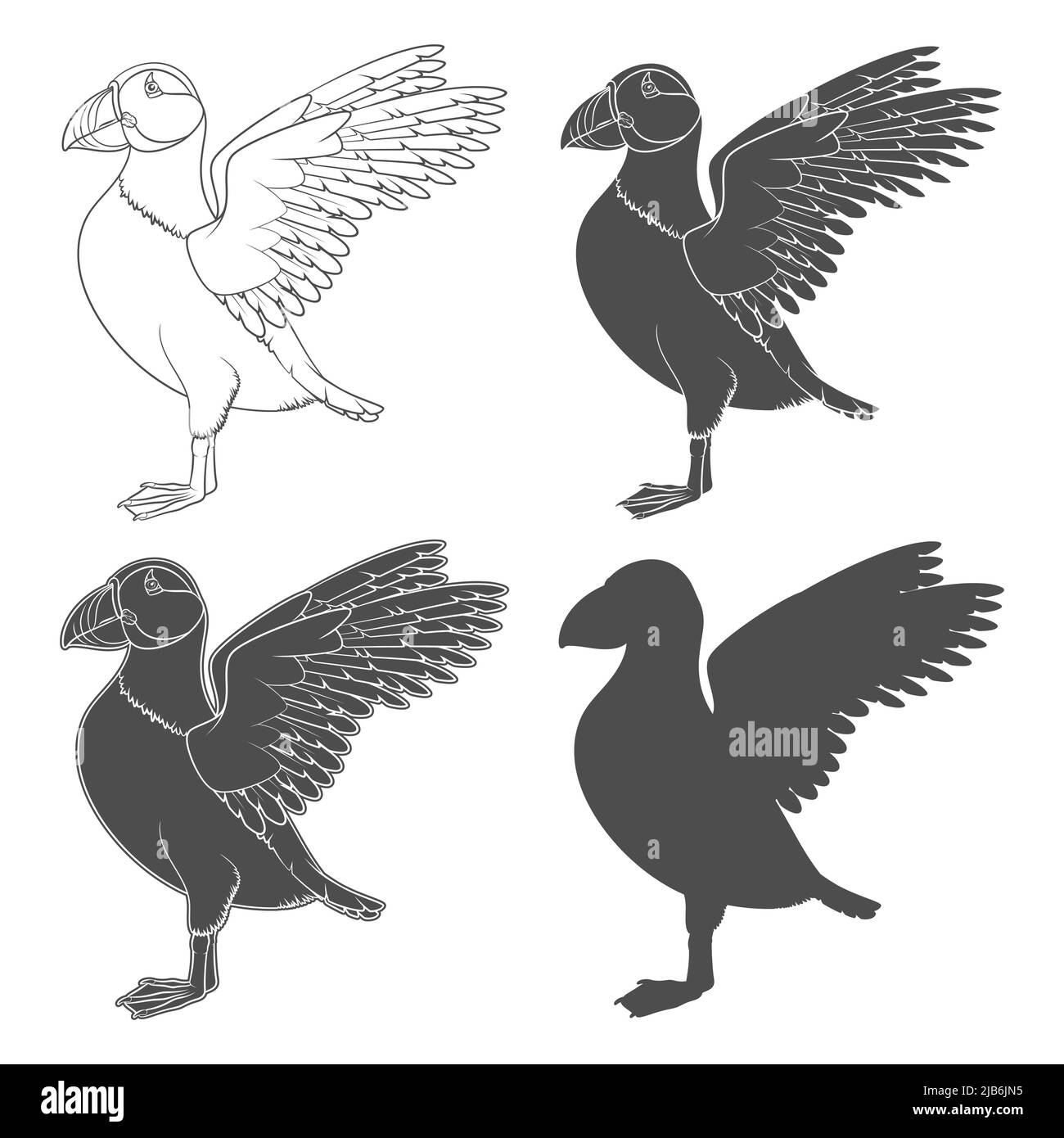 Set di illustrazioni in bianco e nero con uccello in puffin. Oggetti vettoriali isolati su sfondo bianco. Illustrazione Vettoriale