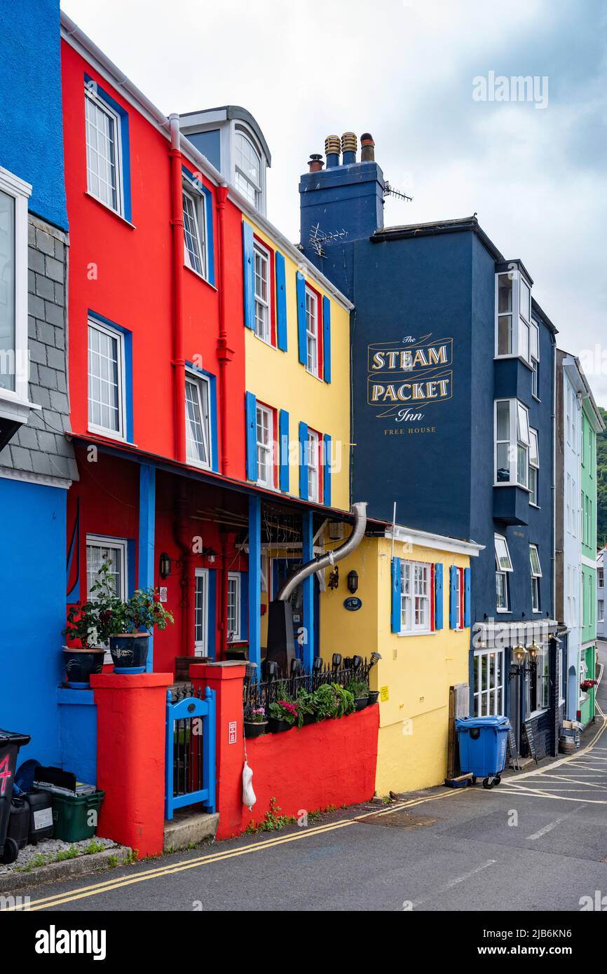 Edifici colorati, tra cui il Steam Packet Inn, a Fore Street, Kingswear, Devon, Regno Unito. Foto Stock