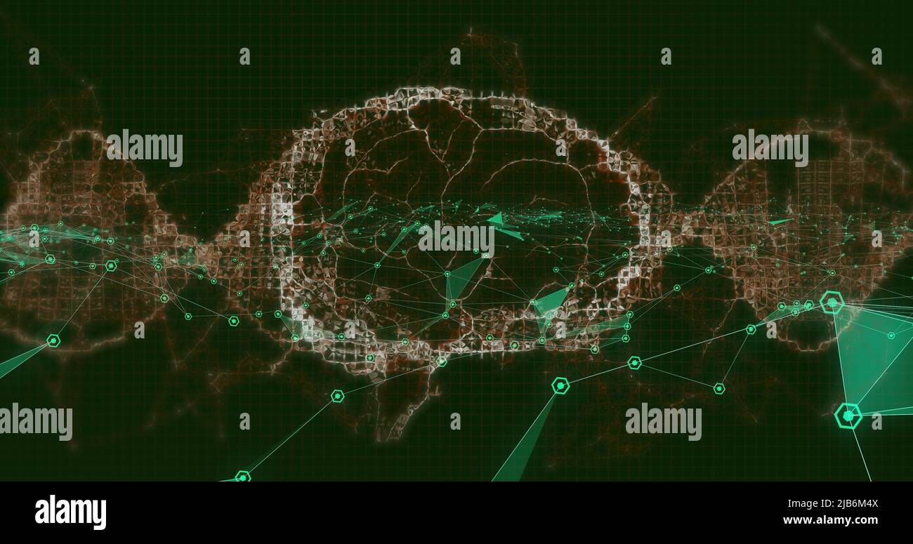 Immagine della rete di connessioni, rotazione del cervello e delle onde che si muovono su sfondo nero Foto Stock