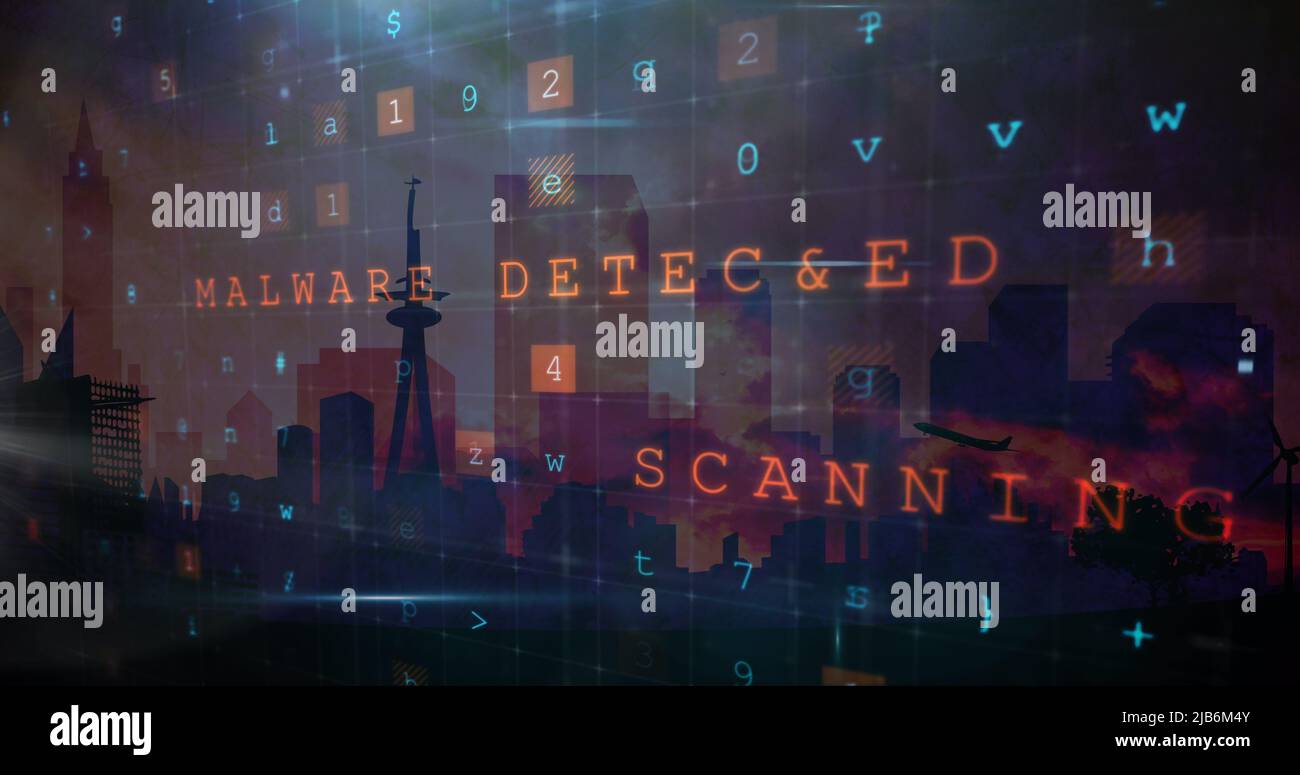 Immagine di un cyber attacco che avverte sulla città su sfondo rosso Foto Stock