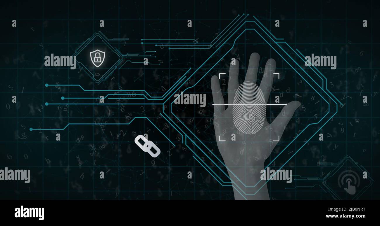 Immagine degli elementi del circuito stampato del computer e delle impronte biometriche con elaborazione dei dati Foto Stock