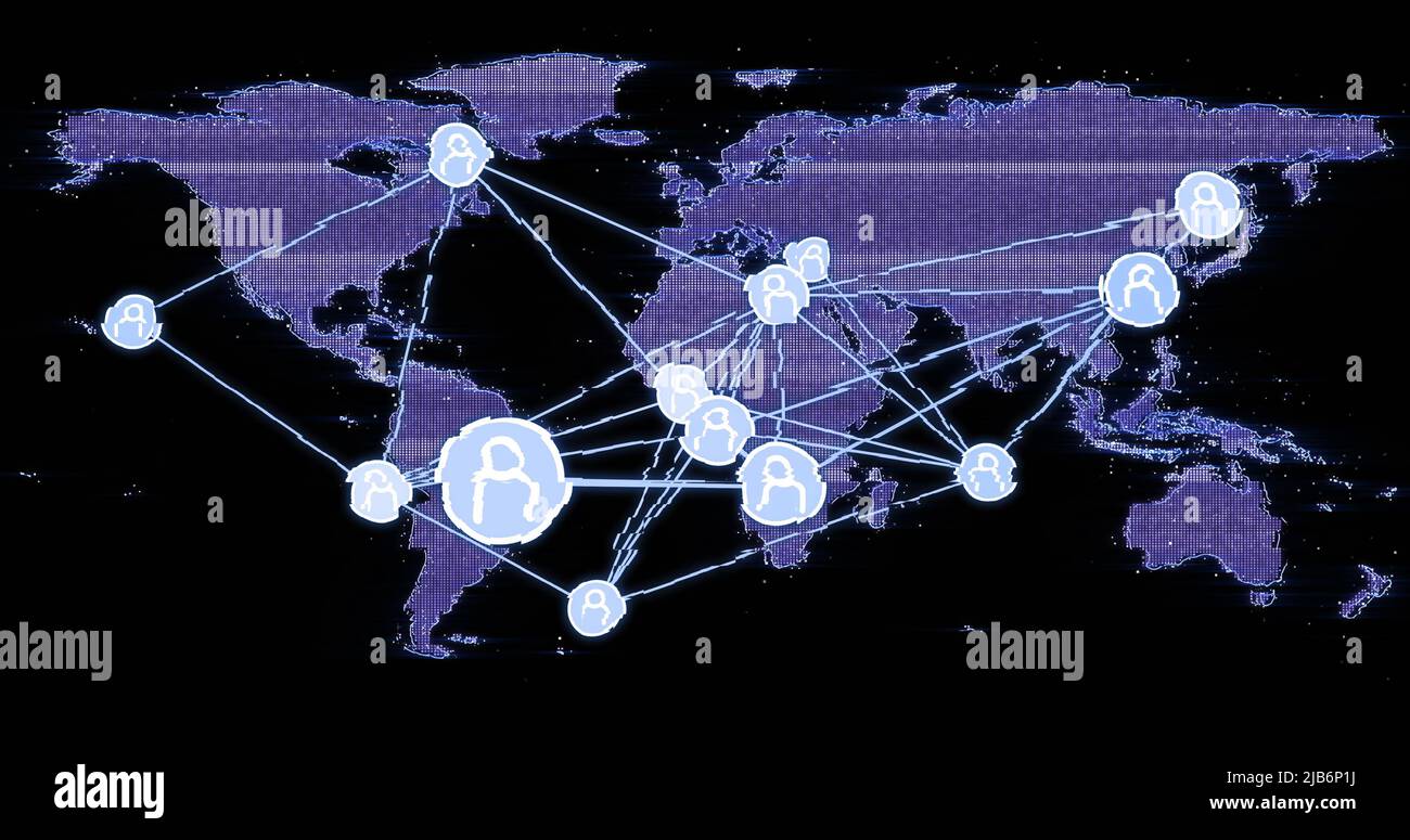 Immagine di una rete di connessioni con le icone delle persone sulla mappa del mondo su sfondo nero Foto Stock