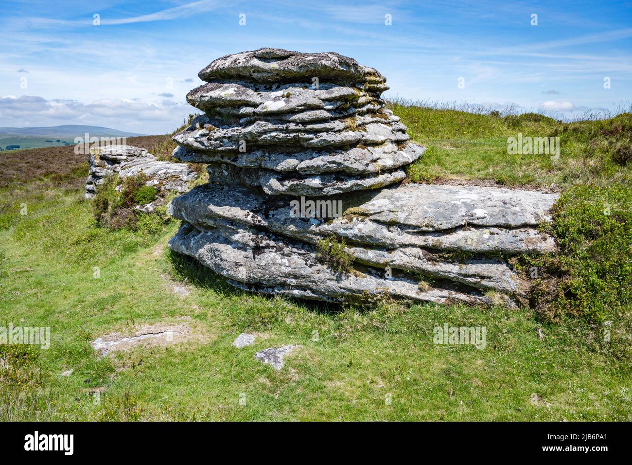 Stack di granito con intemperie su Birch Tor, Dartmoor National Park, Devon, Regno Unito. Foto Stock