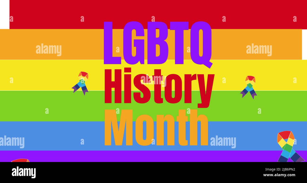 Immagine del testo del mese storico lgtb con nastri su sfondo arcobaleno Foto Stock