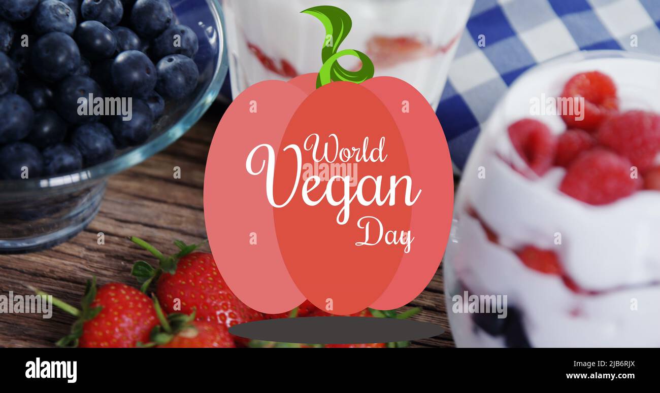 Immagine del testo del giorno vegano mondiale sulla frutta fresca Foto Stock