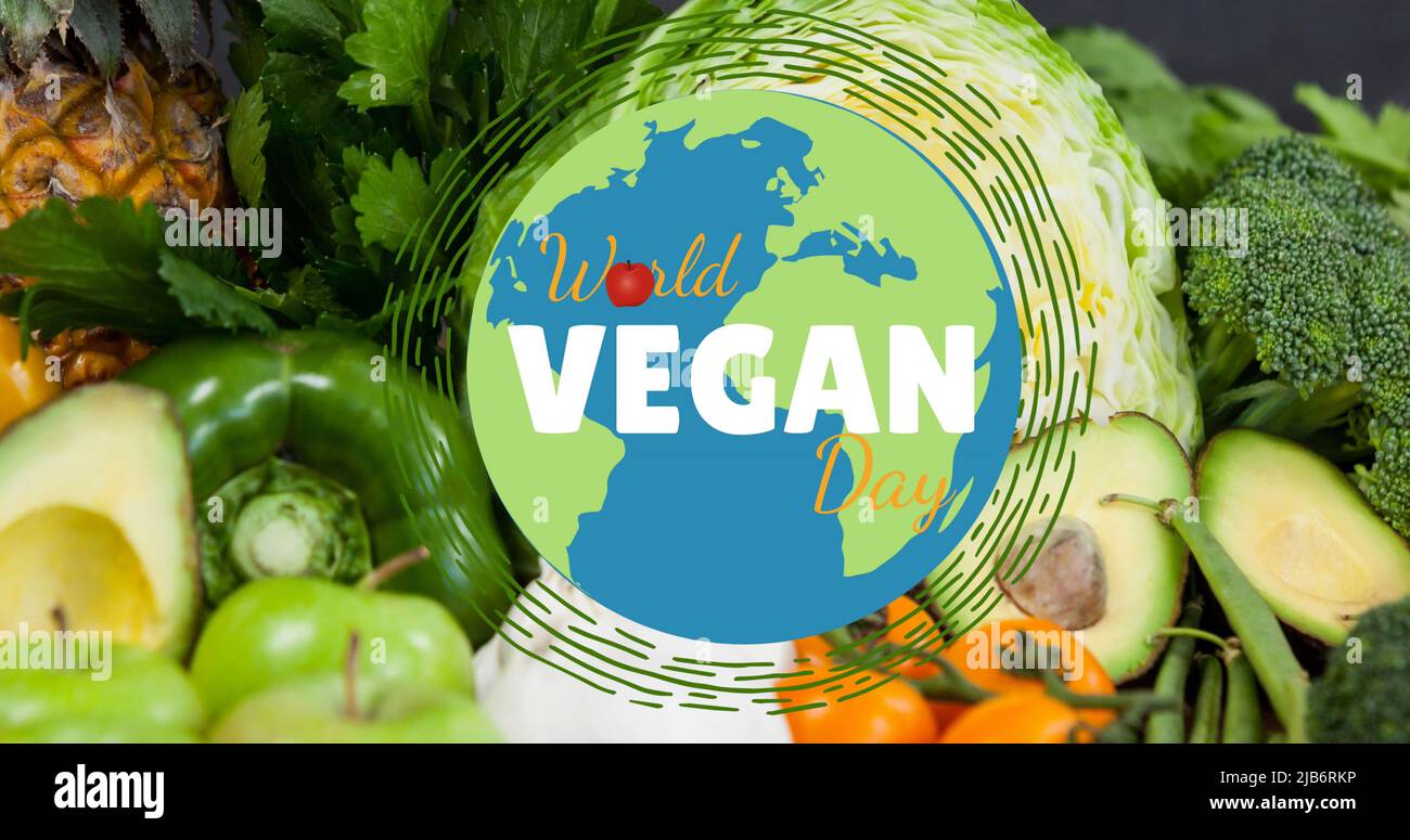 Immagine del testo del giorno vegano mondiale sulle verdure fresche Foto Stock