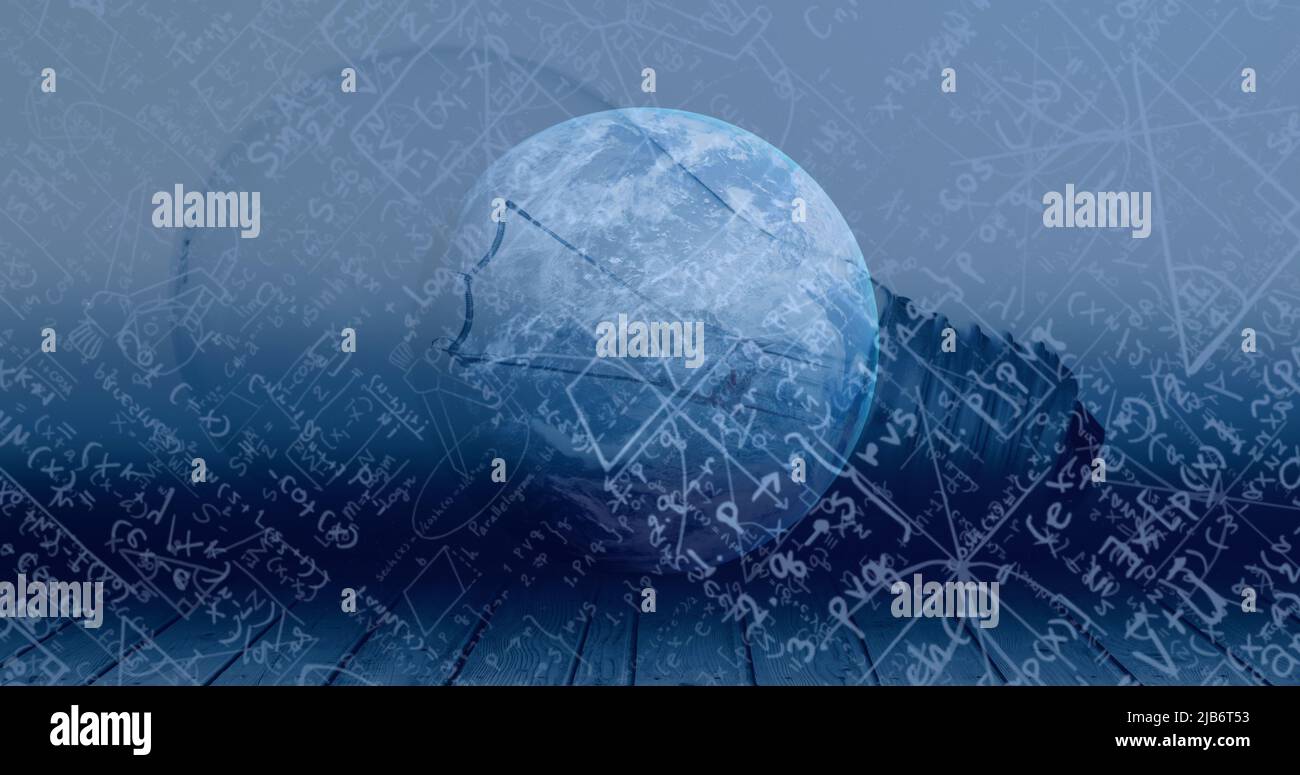 Immagine delle equazioni matematiche sul globo Foto Stock