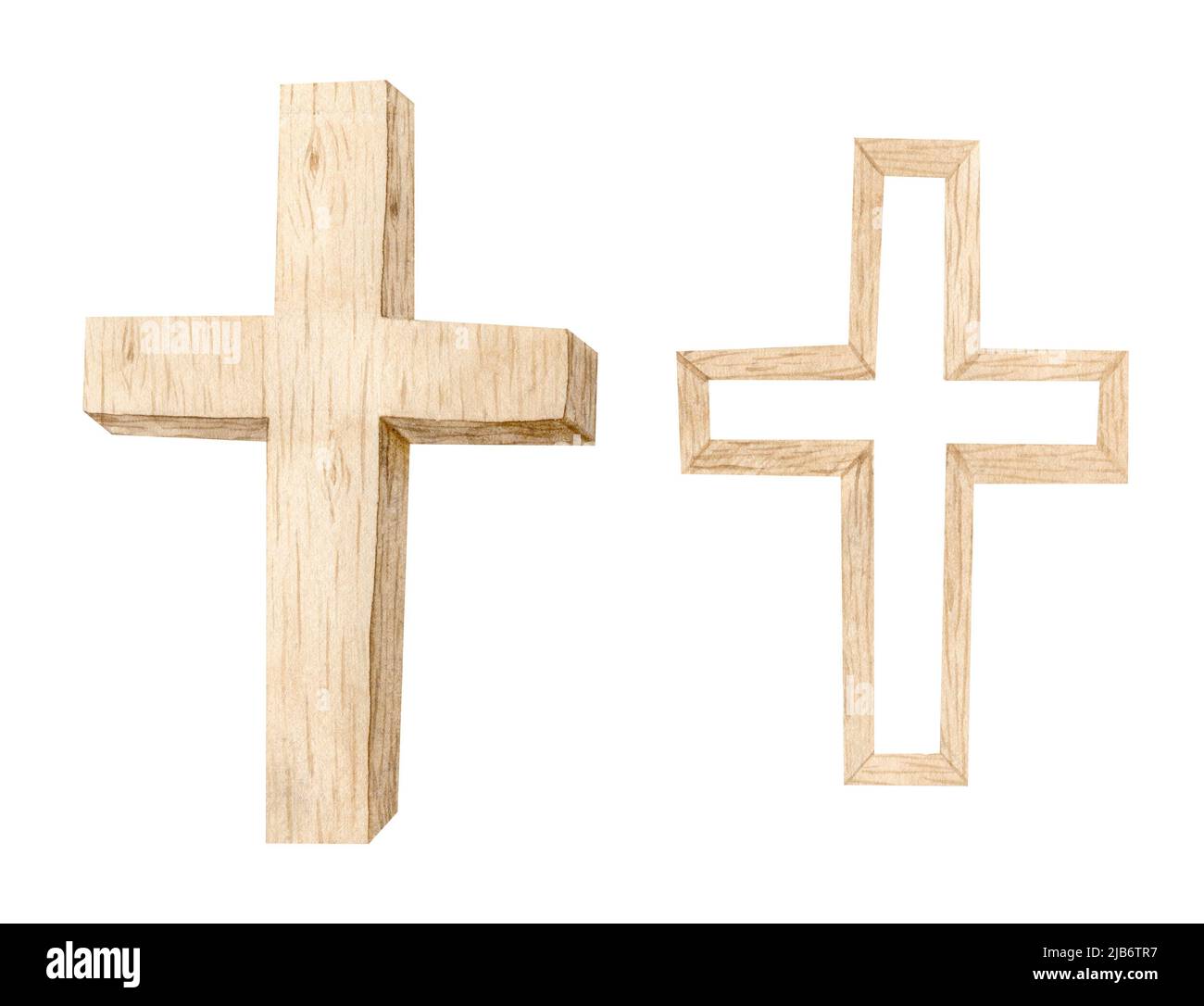 Acquerello croce di legno cristiana, croce del Battesimo, invito di nozze, Spirito Santo, illustrazione religiosa Foto Stock