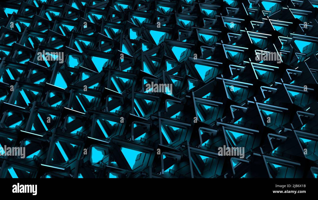 Da vicino al muro con finestre blu di un futuristico edificio nero con struttura complessa. 3D Illustrazione Foto Stock