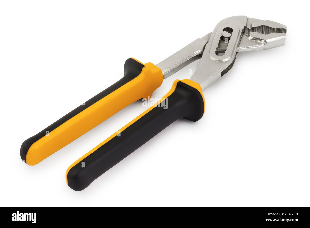 Chiave per idraulico, utensile per costruzioni o lavori industriali, colorata in nero e gialla isolata su sfondo bianco. Foto Stock