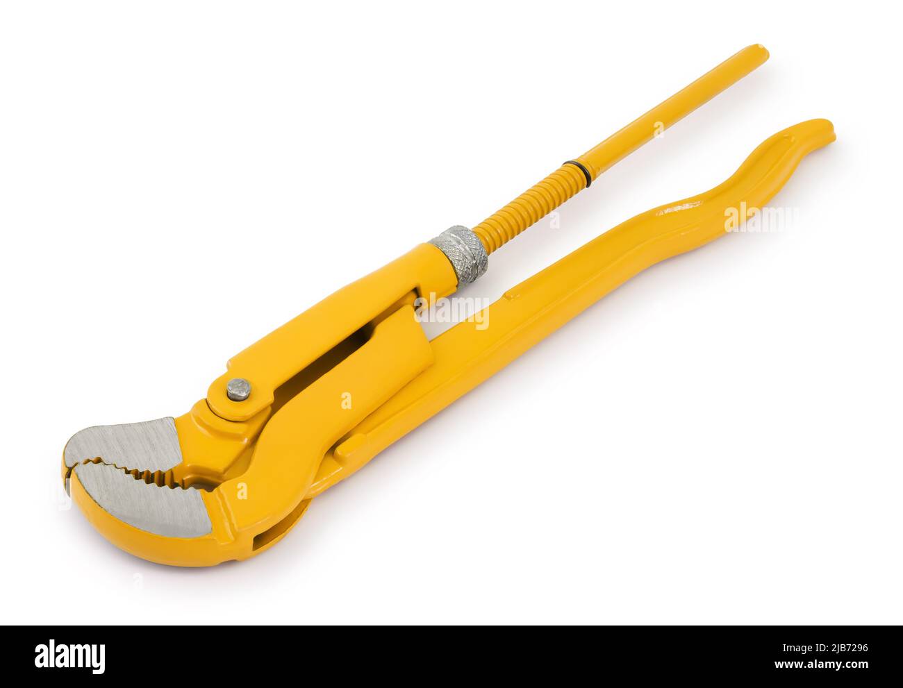 Chiave per idraulico, utensile per costruzioni o lavori industriali, colorata in giallo isolata su sfondo bianco. Foto Stock
