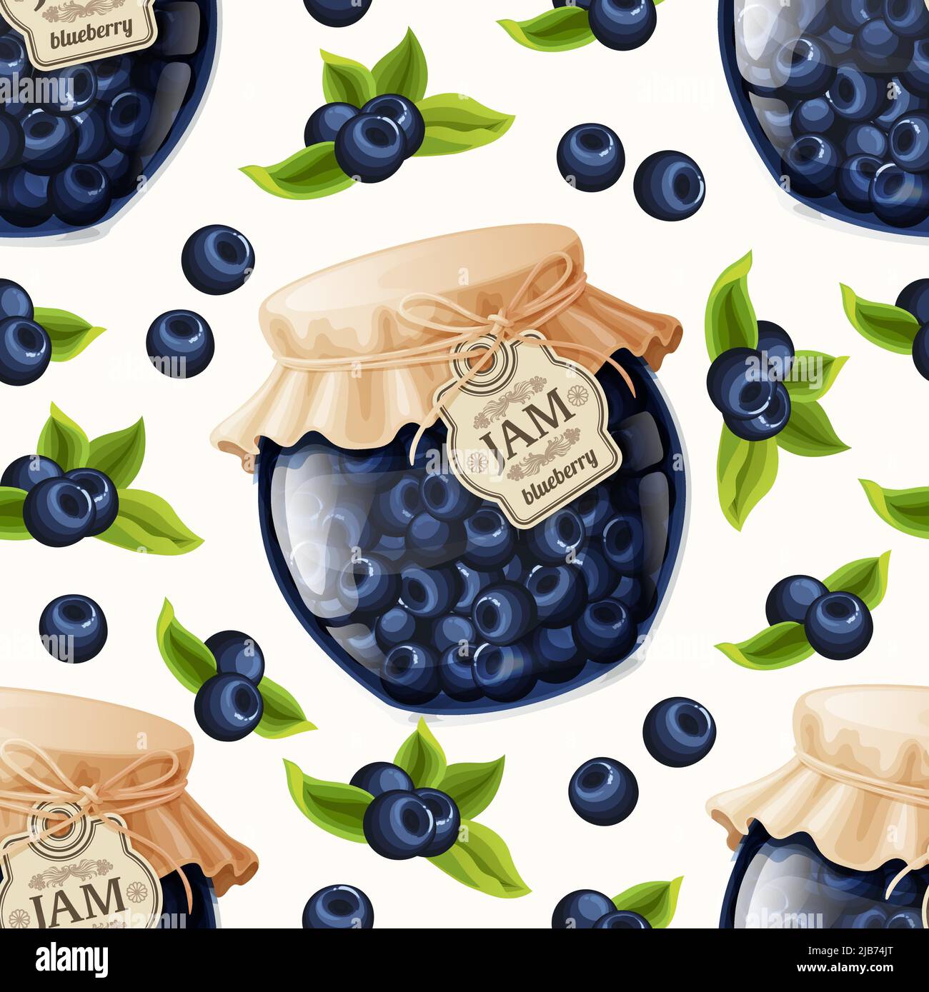 Bacche di mirtillo organico naturale marmellata vaso e foglie senza cuciture disegno vettoriale modello Illustrazione Vettoriale