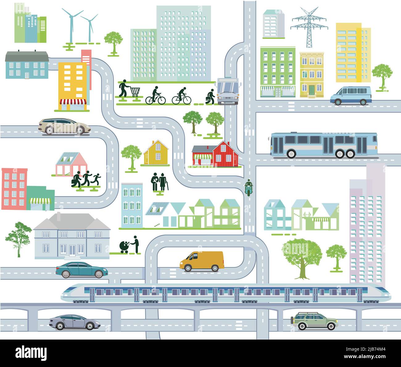 Mappa della città con traffico stradale e case, illustrazione delle informazioni Illustrazione Vettoriale