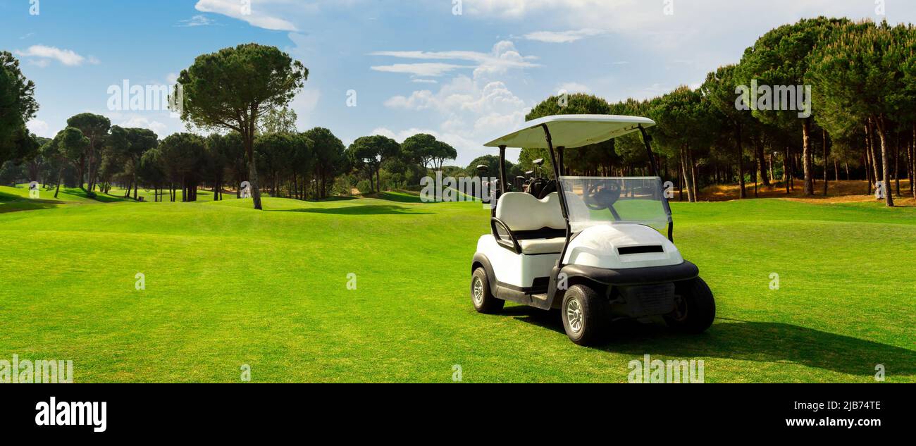 Golf cart su un campo da golf con erba verde con cielo blu e alberi Foto Stock