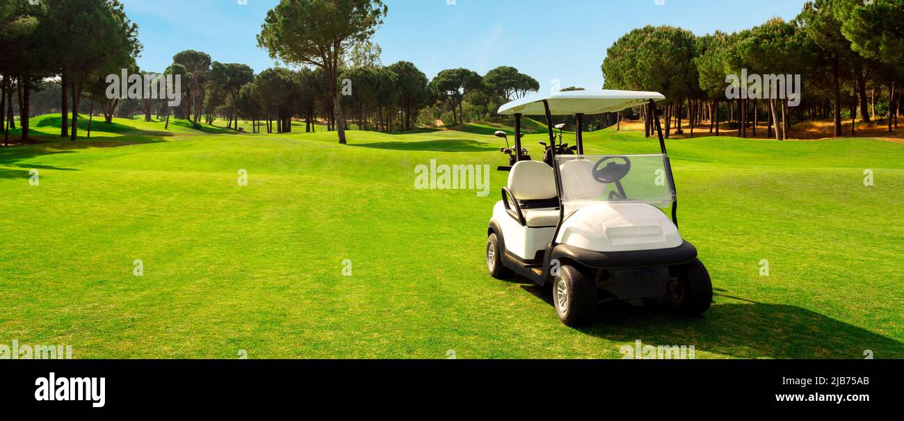Golf cart nel fairway del campo da golf con campo di erba verde con cielo blu e alberi Foto Stock