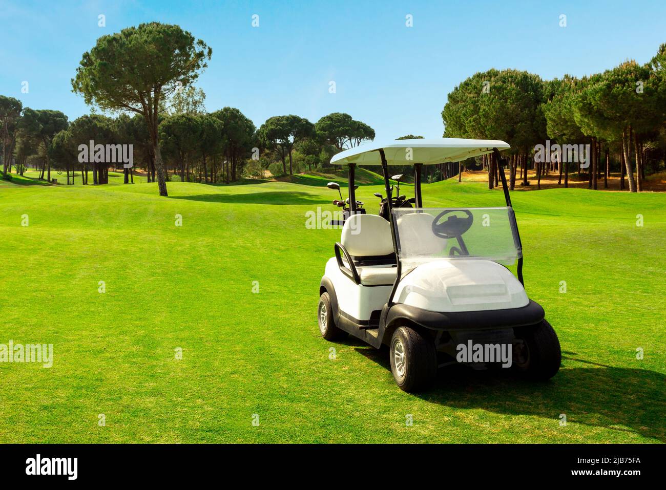 Golf cart nel fairway del campo da golf con campo di erba verde con cielo blu e alberi Foto Stock