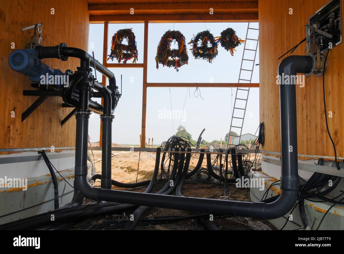 GERMANIA, Nordstrand, costruzione di un nuovo impianto di biogas da MT Energy in azienda, cerimonia di topping out, Topping fuori corona di fiori Foto Stock