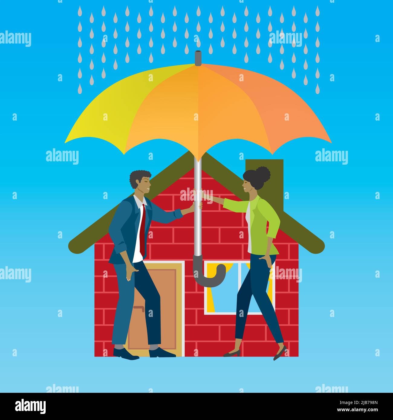 Coppia protezione casa con ombrello. Design quadrato. Illustrazione vettoriale Illustrazione Vettoriale