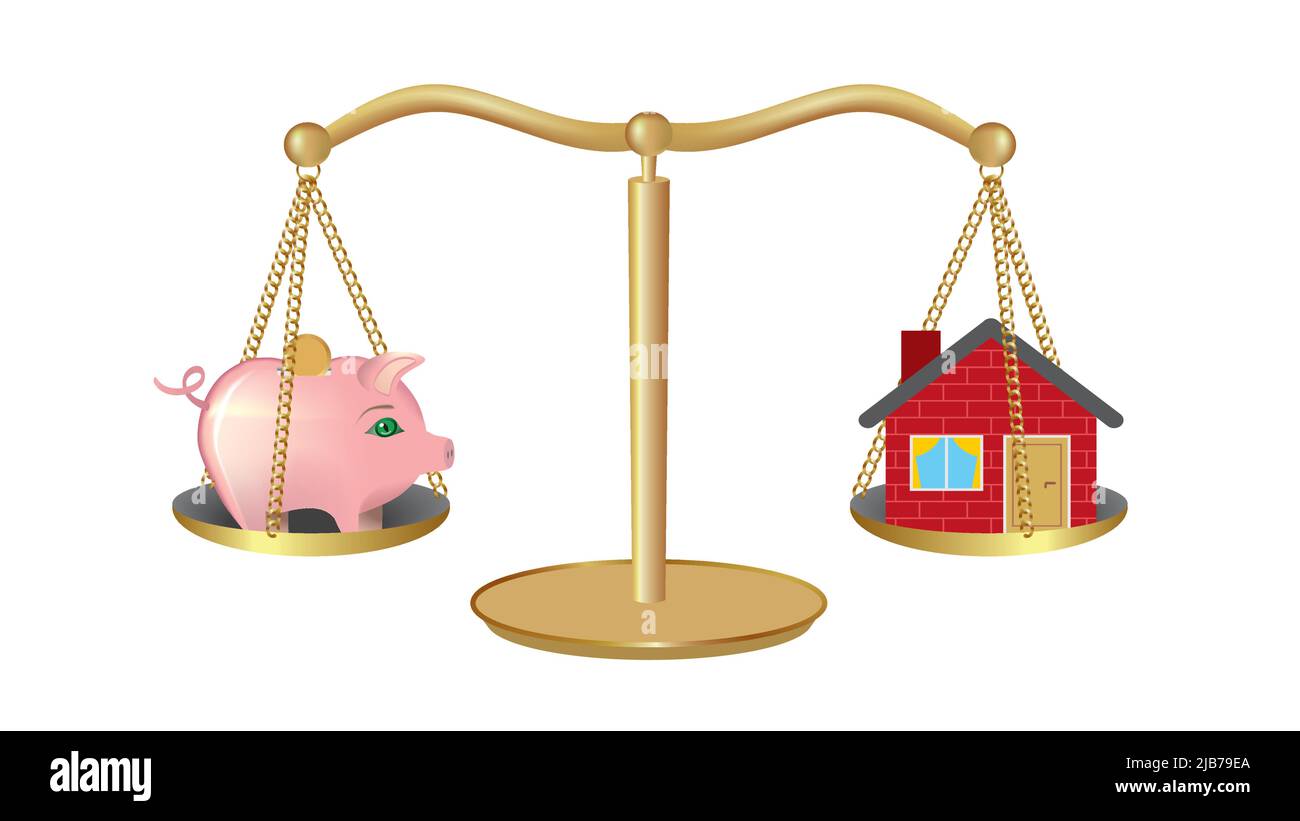 Bilancia con banca a scovolo e a casetta, banca a gettoni. Risparmio ed economia. Isolato su sfondo bianco. Illustrazione vettoriale. Illustrazione Vettoriale