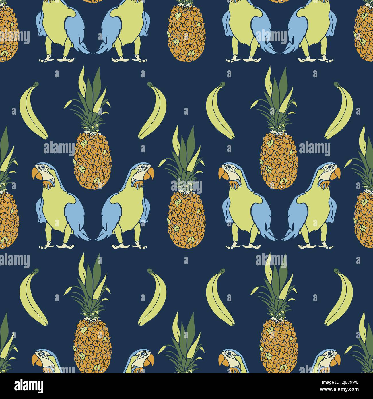 Modello vettoriale senza cuciture con pappagalli e frutti esotici. Design di fantasia con ananas e banani. Illustrazione Vettoriale