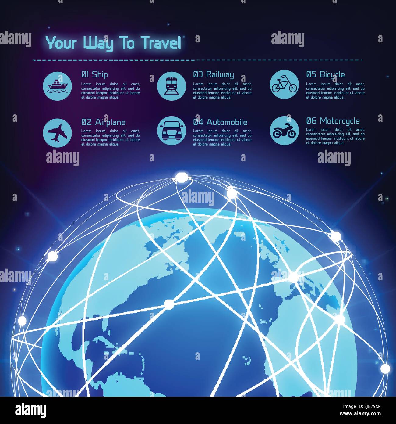 Rete globo blu sfera terra mappa sfondo viaggio con icone di trasporto illustrazione vettoriale Illustrazione Vettoriale