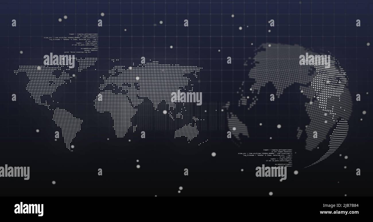 Immagine dei punti e dell'elaborazione dei dati sulla mappa del mondo e del globo rotante su sfondo marino Foto Stock