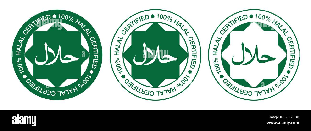 Collezione di logo certificato halal isolato su sfondo bianco. Icona Halal. Cartello Halal. Set di icone di etichette halal. Illustrazione Vettoriale