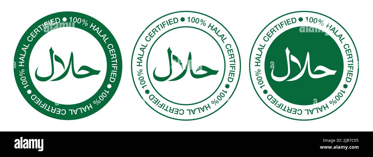 Collezione di logo certificato halal isolato su sfondo bianco. Icona Halal. Cartello Halal. Set di icone di etichette halal. Illustrazione Vettoriale