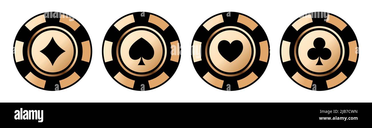 Poker chip oro icone vettore set. Giocare a poker concetto. Isolato Casino chip logo. Simboli del poker. Illustrazione vettoriale. Illustrazione Vettoriale