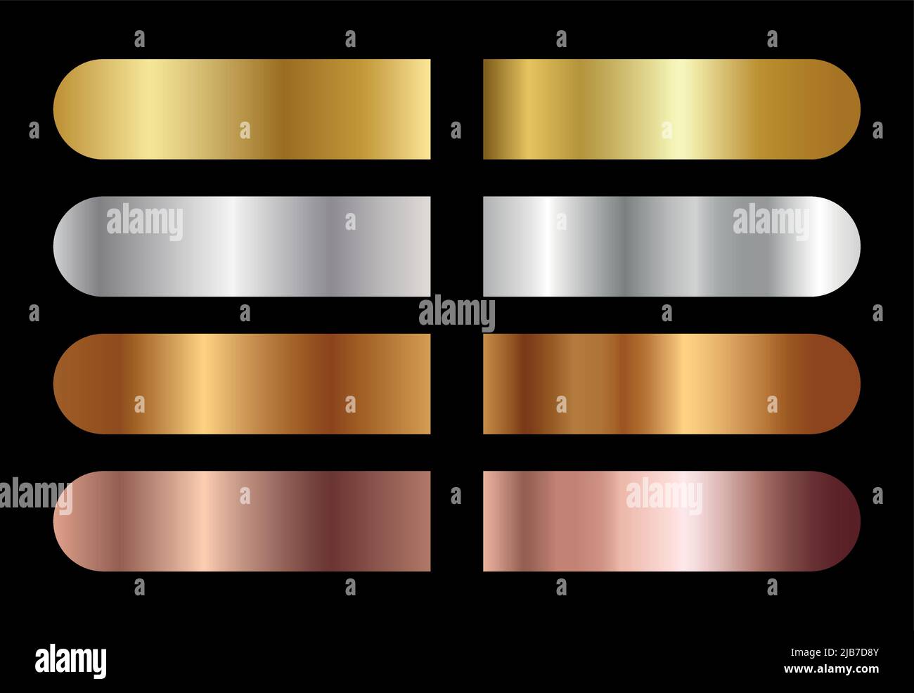 Set di gradienti in oro argento e bronzo. Oro, argento, bronzo, lamina di rame gradazione fondo set. Raccolta di gradiente metalico vettoriale. Illustrazione Vettoriale