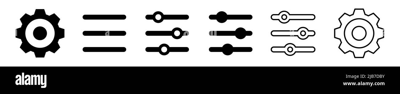 Impostazione del set di icone nere. Simboli di opzione isolati su sfondo bianco. Impostazioni della ruota dentata del cambio, opzioni app di base. Config glyph riempito e contorno. VECTO Illustrazione Vettoriale