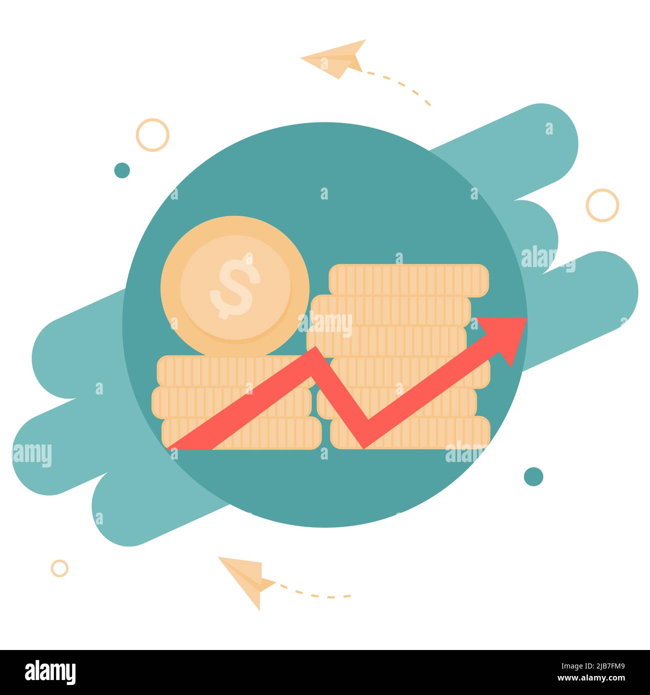 Aumento di mucchi di monete dollari con andare su grafico. Concetto di crescita finanziaria. Illustrazione vettoriale di design piatto Illustrazione Vettoriale