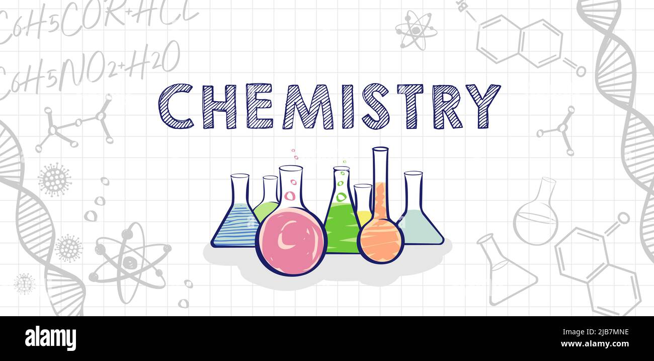 Fondo chimico creativo in stile disegnato a mano. Concetto di copertina del libro di testo della scuola. Illustrazione educativa con oggetti medici vettoriali Illustrazione Vettoriale