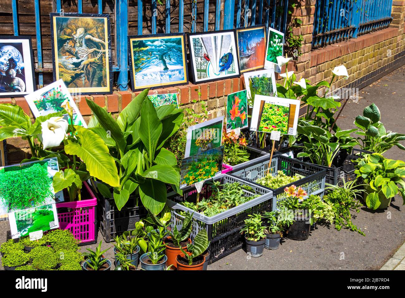 Stalla con piante e arte presso la comunità locale Jumble Trail a Forest Gate, Newham, Londra, Regno Unito Foto Stock