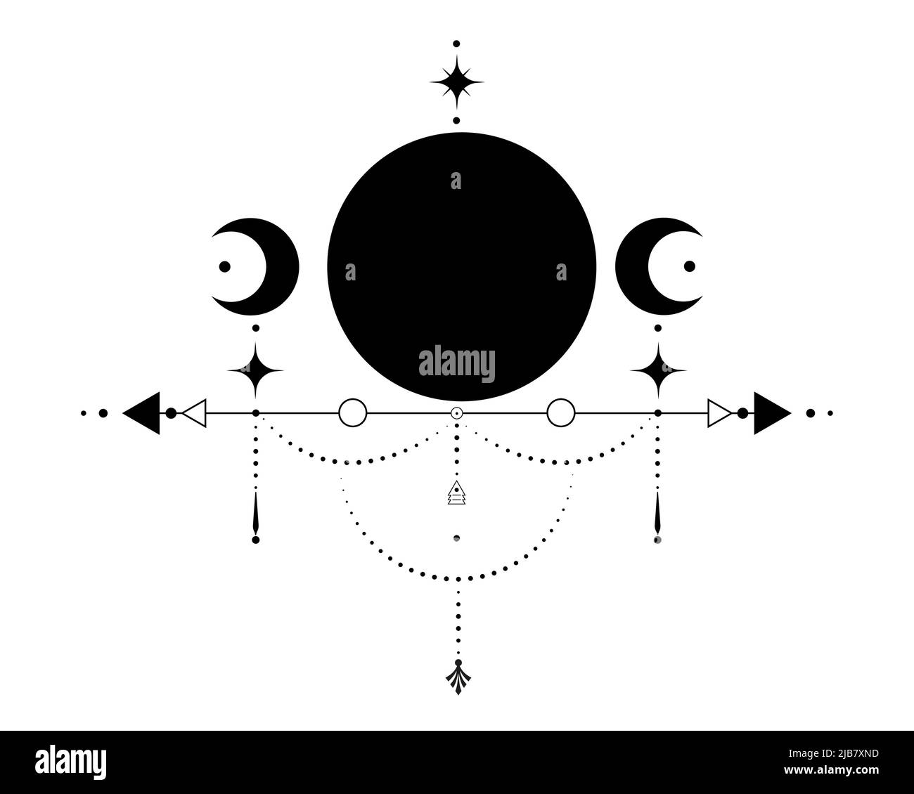 Luna tripla, geometria sacra, frecce mistiche e luna crescente, linee tratteggiate in stile boho, icona di wiccan, segno magico mistico alchimico esoterico. Spirito Illustrazione Vettoriale