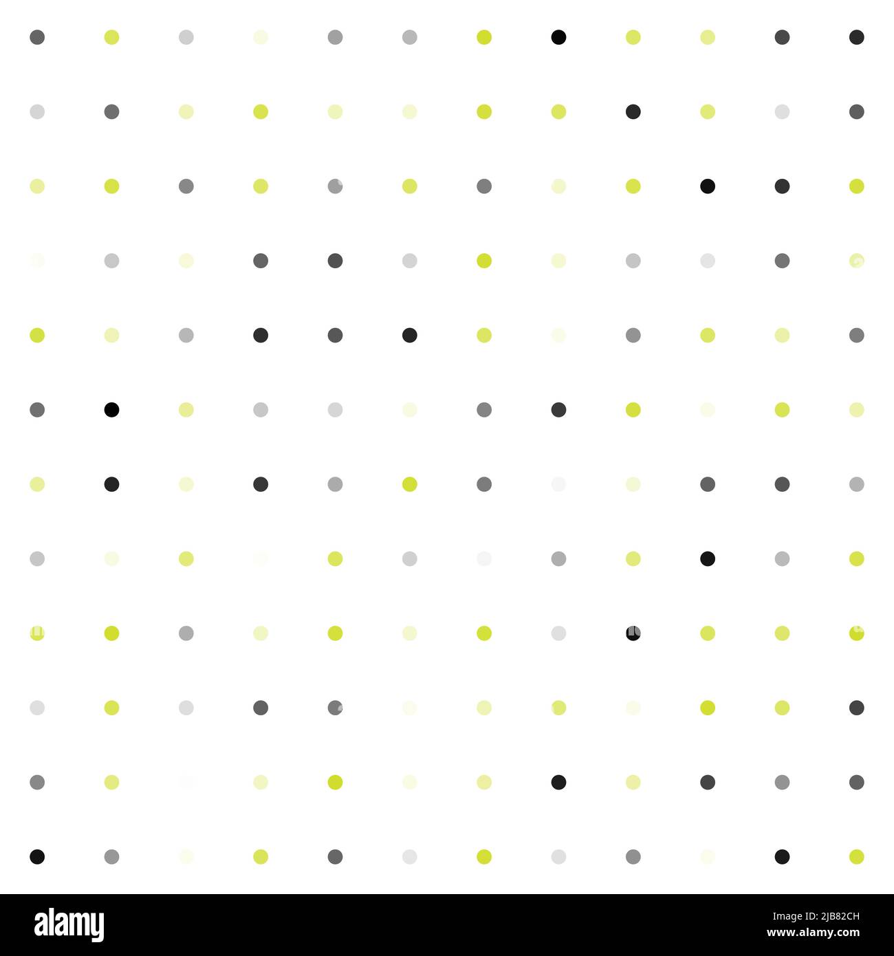 Sfondo astratto puntini polka. Simpatico motivo geometrico senza cuciture di cerchi di tinte calce, grigio e nero su sfondo bianco. Mezzitoni puntati Illustrazione Vettoriale