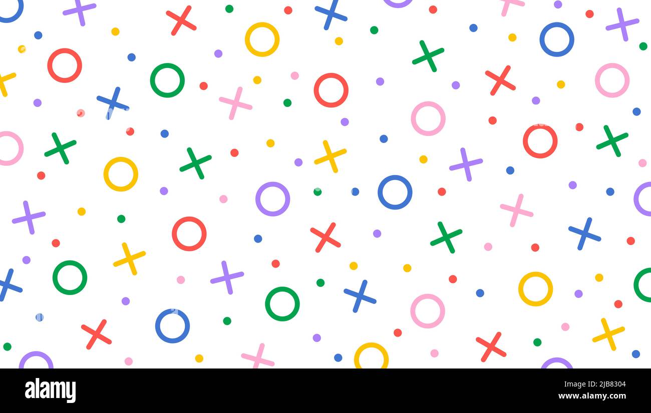 Divertente sfondo colorato memphis XOXO. Schema Xo hipster vettoriale senza giunture. Crocetta caotica multicolore ed elementi zero su sfondo bianco Illustrazione Vettoriale