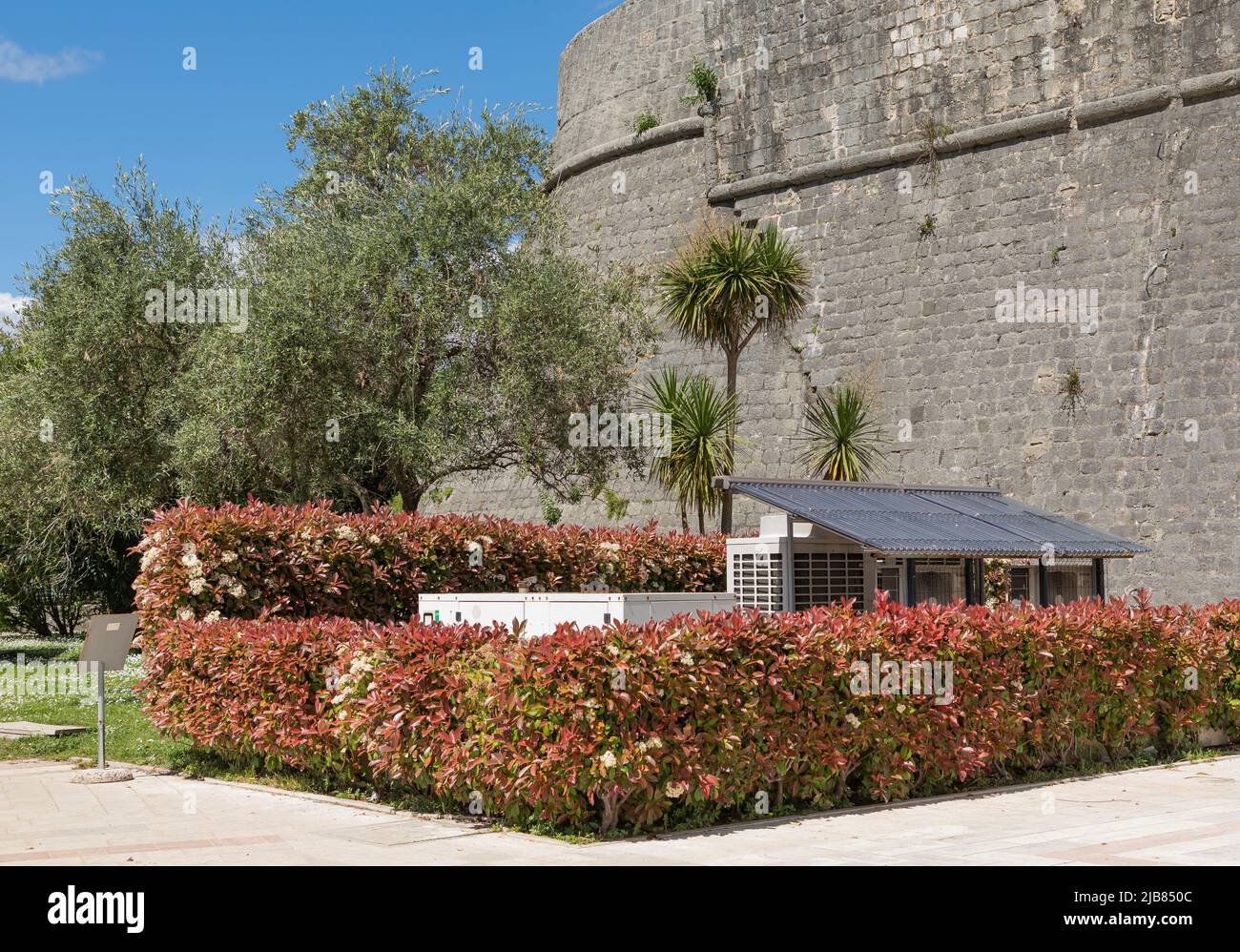 La città di Budvar vecchio muro con pannelli solari disposti in modo che possano far funzionare le luci e sono collocati dietro una siepe ornamentale Foto Stock