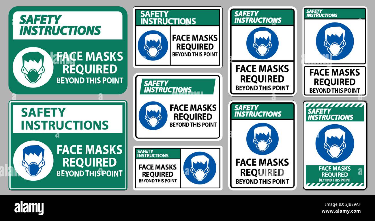 Istruzioni di sicurezza maschere facciali richieste oltre questo punto segno isolare su sfondo bianco Illustrazione Vettoriale